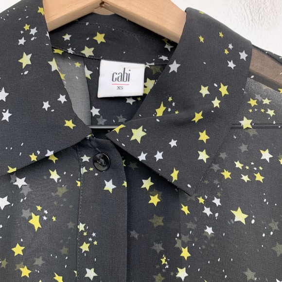Cabi Star Print Blouse Size XS Sheer Long Sleeve Black Button Up Top Collared - Picture 5 of 10